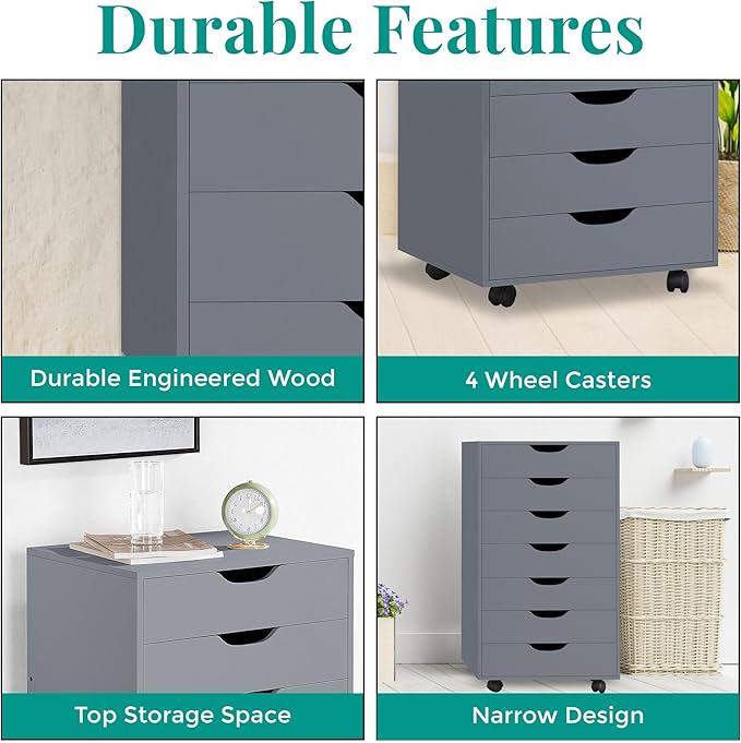 Naomi Home 7-Drawer Grey Dresser with Lockable Casters, Smooth Gliders, and Spacious Top - Sleek Storage for Bedroom or Office