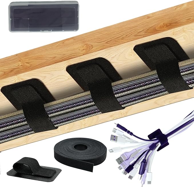 Ulinca Cable Management Under Desk,Up to 15 Cord,Enhanced Wire Holder. Cord Organizer,Reusable Cord Holder Organizer for Cable Hider Clips Under Table, 20 Pair+1 roll of Velcro Ties (Black, 20 Pair)