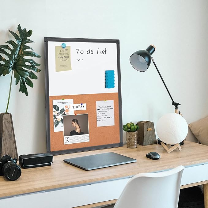maxtek Combination White Board & Bulletin Cork Board 24 x 18 Whiteboard Magnetic, Combo Dry Erase Board with Black Aluminum Frame, 2' x 1.5' Hanging Message Board Wall Mounted for Homeschool Office