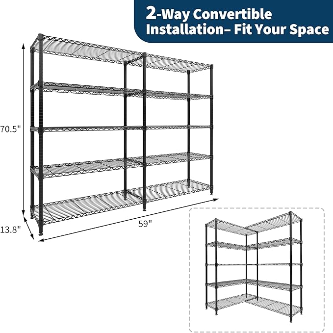 MilleLoom 5-Tier Storage Shelves, 60"W Metal Shelving Unit Heavy Duty Adjustable Garage Corner Wire Rack, H-Shaped/L-shaped Shelf for Kitchens, Pantry Rooms, Basement Storage,13.8"D x 60"W x 70.5"H