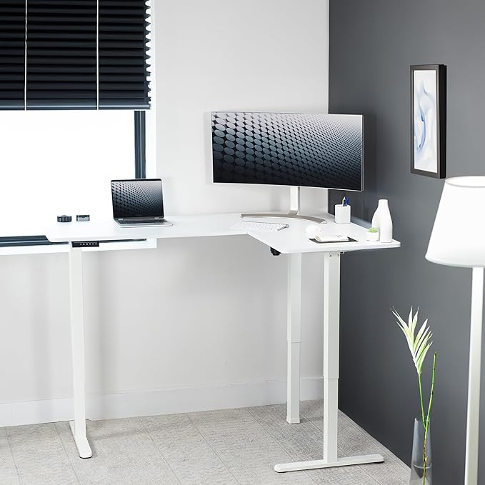 VIVO Electric Corner 63 x 47 inch L-Shaped Standing Desk, Memory Height Adjustment, White Top White Frame, DESK-E3CTW-47