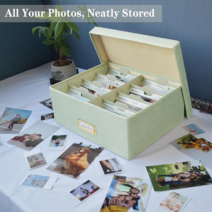 Sprsthai Linen Photo Storage Box – Holds 1700 Photos, 24 Adjustable Dividers & 72 Labels Multi-Use Organizer for Photos, Envelopes, Recipes Beige