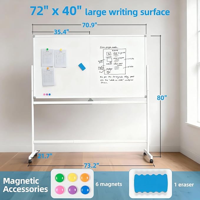 VOWNER Double-Sided Magnetic Whiteboard, 72" x 40" Large Mobile Dry Erase Board, Reversible Rolling White Board with Aluminum Frame & Stand, for Home Office, Classroom, School, White