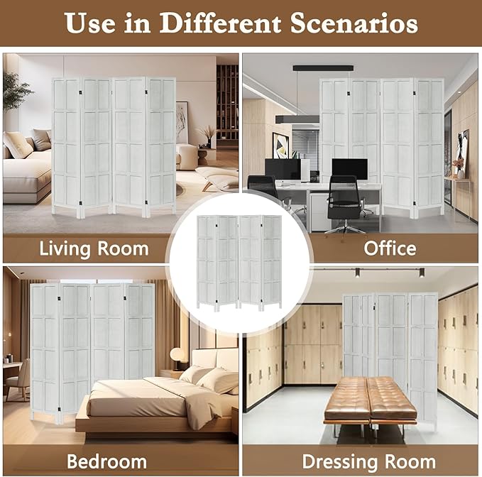 ALeesing 4 Panel Room Divider, 5.6Ft Wood Room Dividers and Folding Privacy Screens, Room Divider Wall Freestanding Room Partitions, Room Dividers Screen for Home Office Bedroom, White