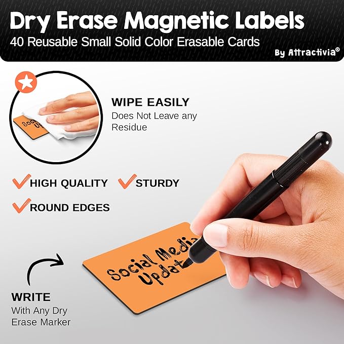 Attractivia Dry Erase Magnetic Labels, 2.8 x 1.8 in, Solid Colors, 40-Pack, Colored Erasable Write-On Labels, for Home, School, Office, Whiteboard