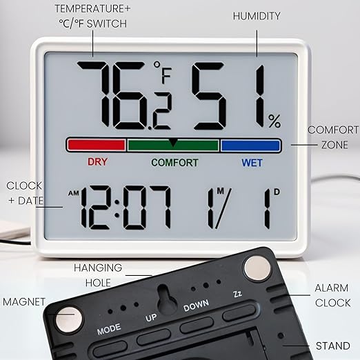 Luzsco Digital Hygrometer Indoor Thermometer, Clock with Temp & Humidity, Temp Gauge with Comfort Indicator, Wall/Magnetic/Desk Alarm Clock for Bedroom, Baby Room, Office, Kitchen, Garage (White)