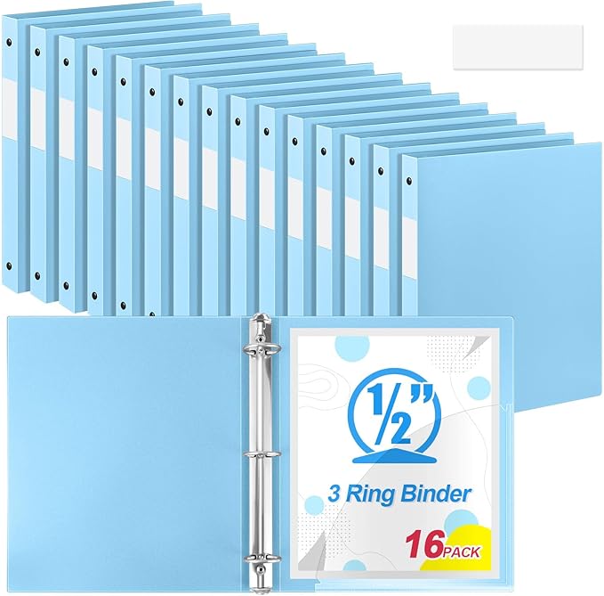 Henoyso 16 Pcs 3 Ring Binder 0.5 Inch Round Fits Letter Size 8.5'' x 11'' Paper Plastic Flexible Binder Bulk Holds 140 Sheets with 1 Pockets Versatile Organizer for Home Office School (Light Blue)