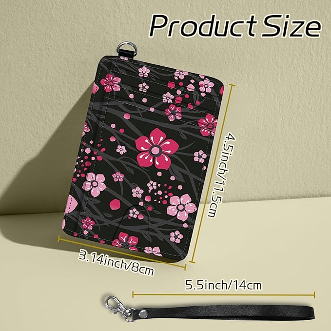BWEGRHE Small Travel Wallets, Pink Cherry Blossom Slim Minimalist Front Pocket Wallet with Wristlet, RFID Blocking PU Leather Credit Card Holder with ID Window Change Purse for Men Women