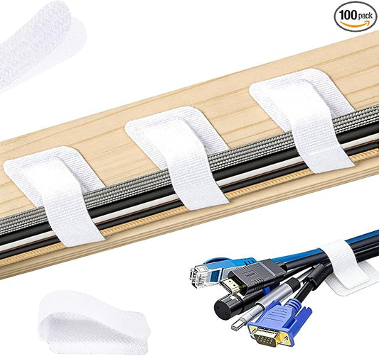 100 Pcs Hook and Loop Cable Straps, Under Desk Cord Management Self Adhesive Cable Ties Adjustable Cord Organizer for Desk Home Office Organization (White)