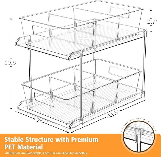 Fabspace Pull-Out Home Organizers, 2 Tier Clear Bathroom Organizer with Dividers, Multipurpose Vanity Counter Tray, Kitchen, Closet Organizers and Storage Container Bins for Cabinet, Pantry