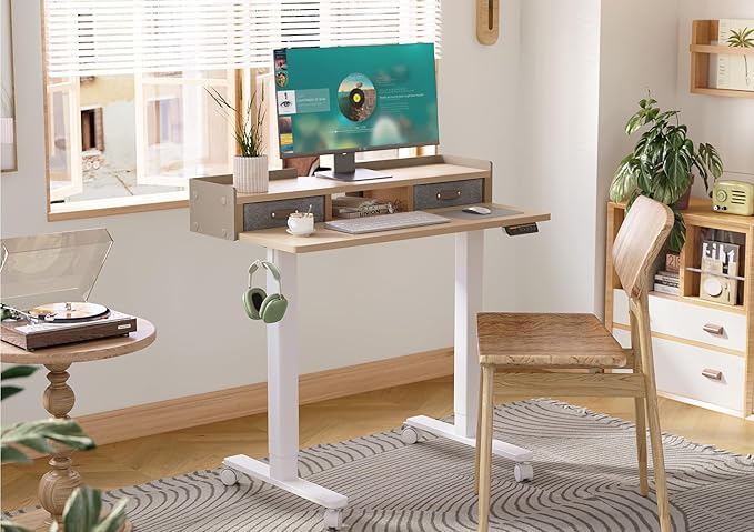 Claiks Standing Desk with Drawers, Adjustable Stand Up Electric Small Standing Desk Adjustable Height with Storage Shelf and Splice Board, 40 Inch, Natural