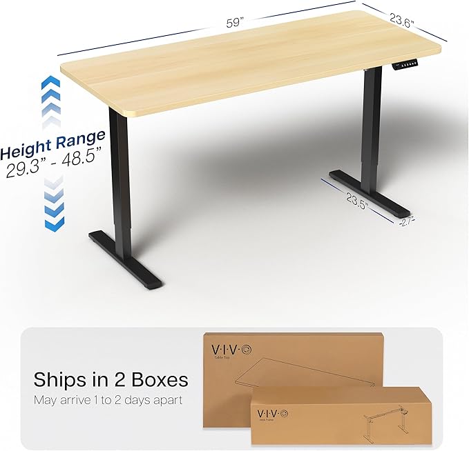 VIVO Electric 60 x 24 in Standing Desk, Memory Height Adjustment, 1B Series, Holds 220 lbs, One-Piece Light Wood Top, Black Frame, DESK-KIT-1B6C