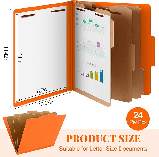Skyygemm 24 Pcs Classification Folders Letter Size, 3 Divider Pressboard File Folder with Fasteners, Expanding File Organizer Bulk for School Teachers, Office Employee, Coworker, Staff (Orange)