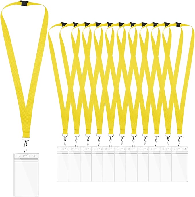 12-Pack Yellow Breakaway Lanyards with Waterproof Badge Holders, Polyester Neck Straps for ID Cards, Events, Office, and Schools