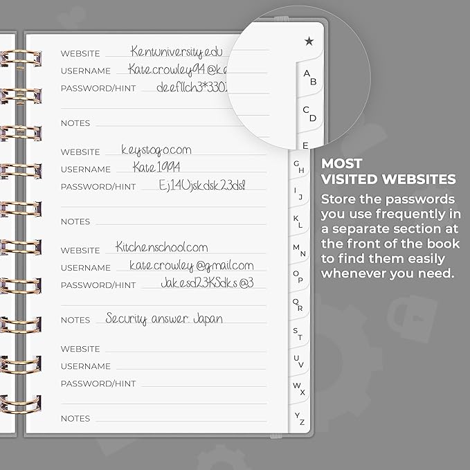 Clever Fox Password Book Spiral – Mini Internet Address & Password Organizer with Laminated Alphabetical Tabs – Small Password Keeper Journal – Hardcover, Pocket Size, 4.7x5.7” (Gray)