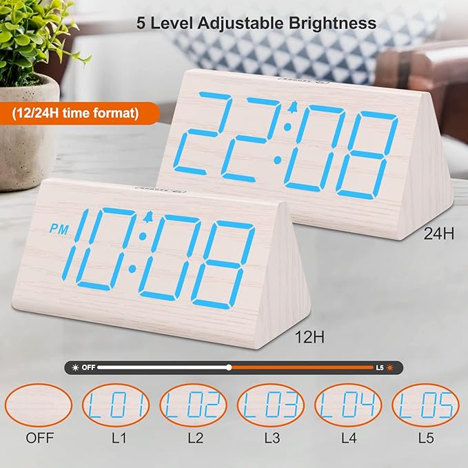 DreamSky Wooden Digital Alarm Clocks for Bedrooms - Electric Desk Clock with Large Numbers, USB Port, Loud Alarm for Heavy Sleepers, Adjustable Volume, Dimmer, Snooze, DST, Wood Décor, Adapter Powered