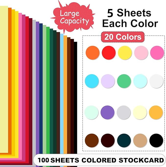 100 Sheets Colored Cardstock 8.5 "x 11", 65LB 180GSM Craft Bulk Construction Paper, 20 Assorted Colors Card Stock Paper for School & Office, Card Making Printer Scrapbook Decorations DIY Crafts