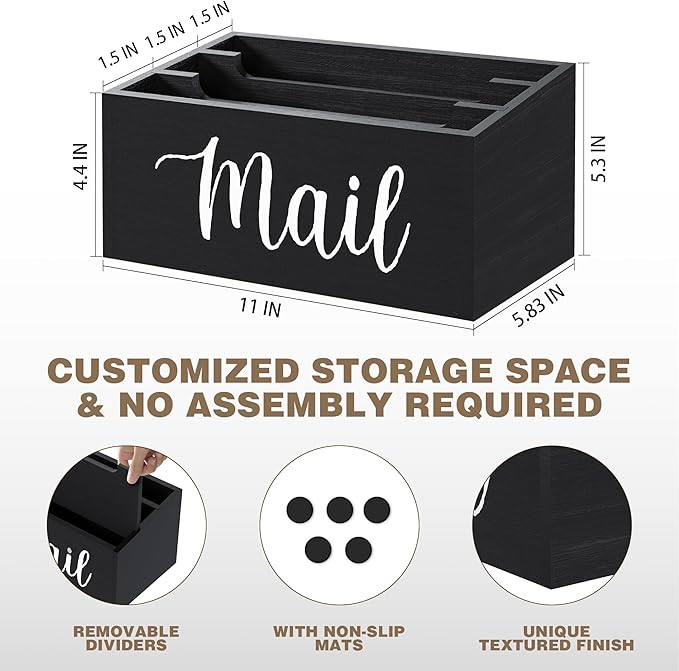 Mail Holder Countertop with 3-Slot, Mail Organizer for Desk with Removable Divider, Desktop Mail Basket Sorter Organizer, File Paper Letter Envelope Bill Holder for Office Home Entryway (Black)