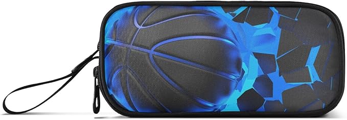 BOENLE 3d Basketball Blue Lighting Pencil Case Box Boys Girls Large Pencil Pouch with Zipper Compartments Big Capacity Stationery Pen Bag Organizer for Kids Teens Adults School