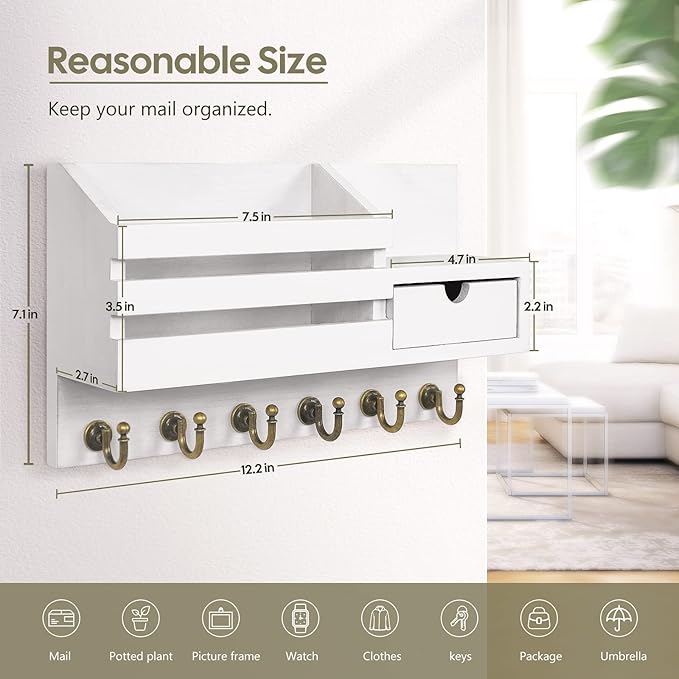 FifthQuarter Key Holder Wall Mount: Key and Mail Holder for Wall with 6 Hooks and Storage Drawer, Easy Installation Key Rack for Entryway Home Decor (A-White)