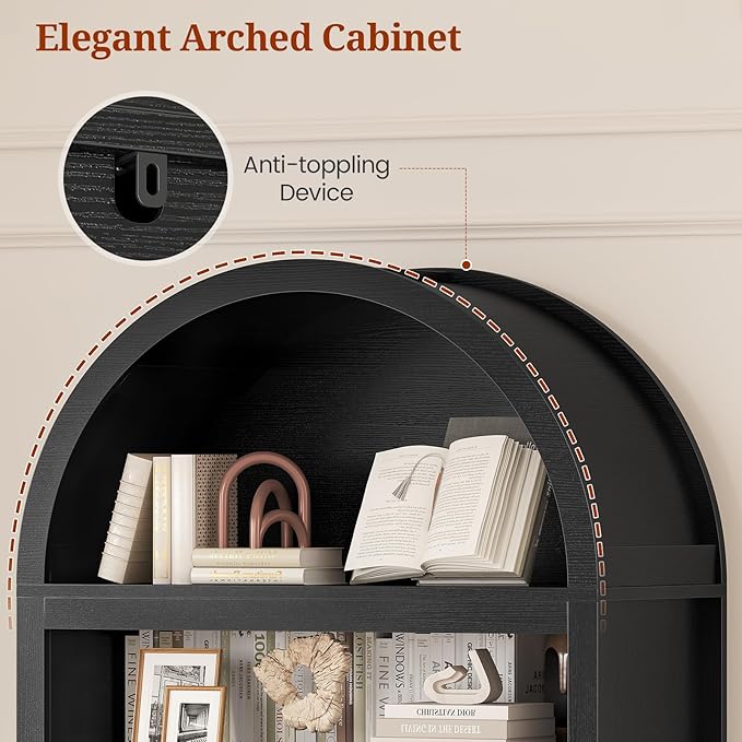 81" Tall Arched Cabinets,Bookcase with storage,Mid-Century Modern 6-Tier Bookshelf with Door,2 Book Risers and Adjustable Shelves offering more storage space for Living Room,Kitchen,Home Office,Black