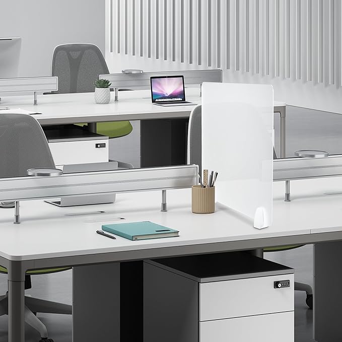 GOOFCXO 4 Pcs Desk Divider Privacy Panel 23.6 x 15.8 Inch Counter Desk Acrylic Panel Holder Free Standing Privacy Shield Work Station Desk Divider Partition for Offices Schools Call Centers (Frosting)