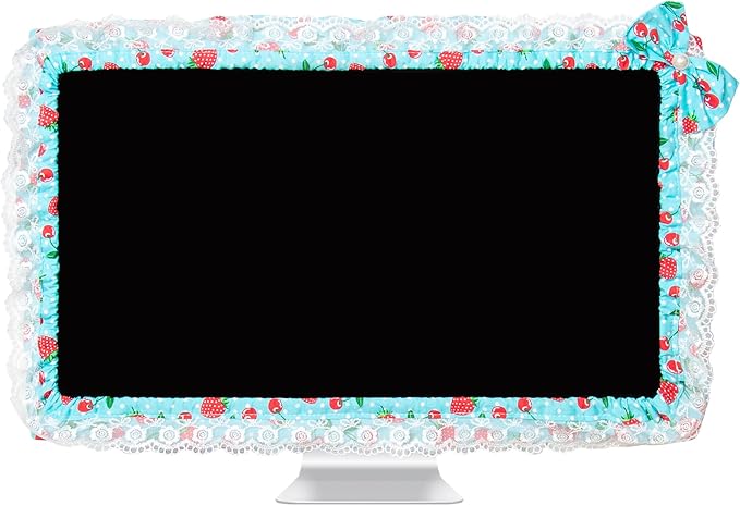 Kingshion 24-inch Cute Lace Fabric Monitor Cover with Elastic Pen Pocket & Bow-knot Design, Dust Protector for Computer/TV/LCD Screens - Blue