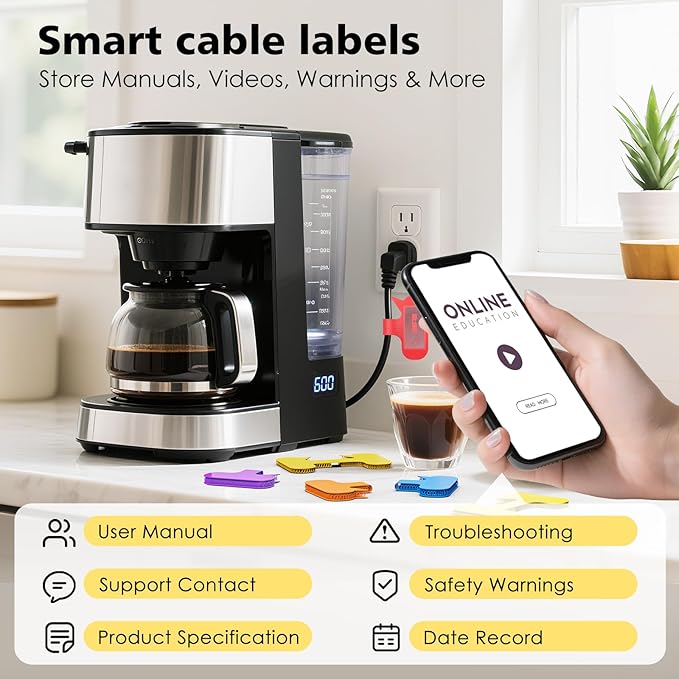 SummerBrite 24-Pack Smart NFC Cable Labels with Blank Stickers, Programmable Reusable Wire Tags for Electronics, Cord ID & Cable Management for Automation, IT Server - Oval