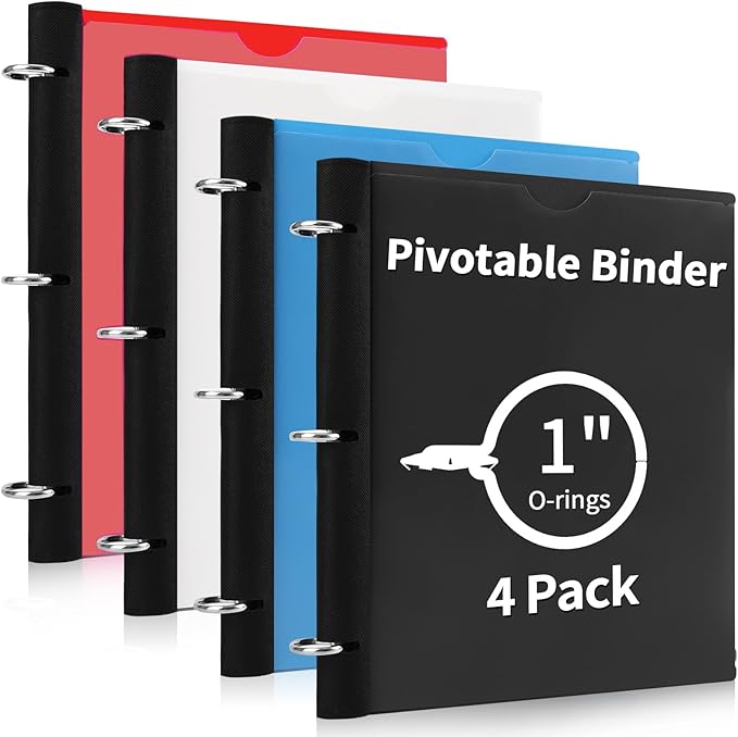 Tashkummy 360 Degree Pivotable Binder, Upgraded 3 Ring Binder 1 inch 4 Pack, Flexible Binders 3 Ring, Foldable Three Ring Binders- Black, White, Blue, Red