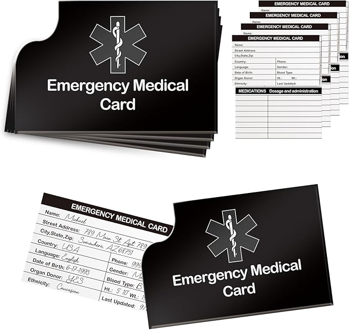 4 Pack Emergency Medical Information Id Card Red Medical Condition and Emergency Contact Id Wallet Card Medical Alert Wallet Card Pocket Size Medication List and Medical Cards for Caretakers (Black)