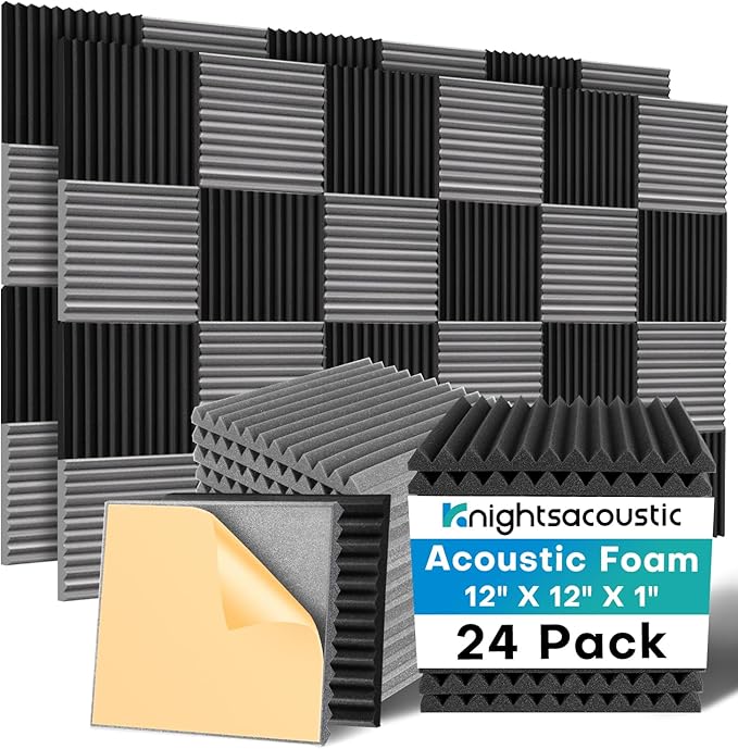 Knightsacoustic 24 Pack Sound Proof Foam Panels with Self Adhesive, 12x12x1 Fire Resistant Acoustic Foam Panels, High Density Acoustic Panels Sound Absorbing, Studio Noise Cancelling Black Grey