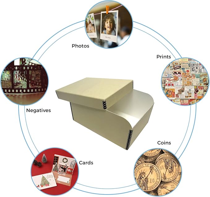 Lineco 4x6 Photo Storage Box, with 12 Acid-Free Envelopes, Holds Up to 1000 3.5" x 5", or 4" x 6" Pictures, Metal Edge Archival Organizer for Cards Stickers Stamps Seeds, 5.5x7.5x11. Tan, 2 Pack