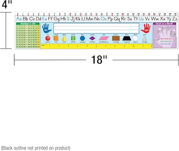 Carson Dellosa Education 30PC Quick Stick Name Plate Set offers alphabet charts, number lines, a 100 chart, a ruler, and clear labels that support organized desks and help students develop skills well