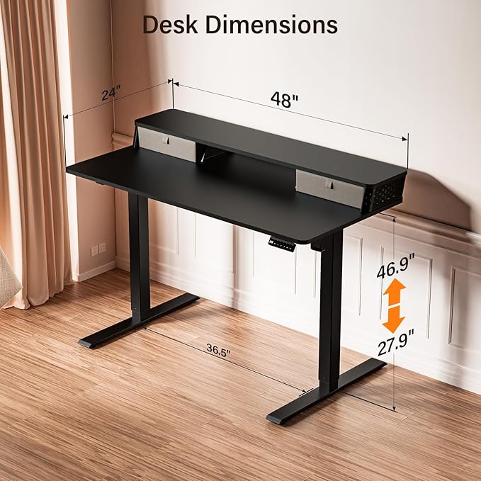 Kingant 48 x 24 Inch Electric Standing Desk with Dual Drawers, Height Adjustable Sit to Stand Computer Desk with Storage Shelf and C-Clamp Mount Compatibility for Home Office, Black