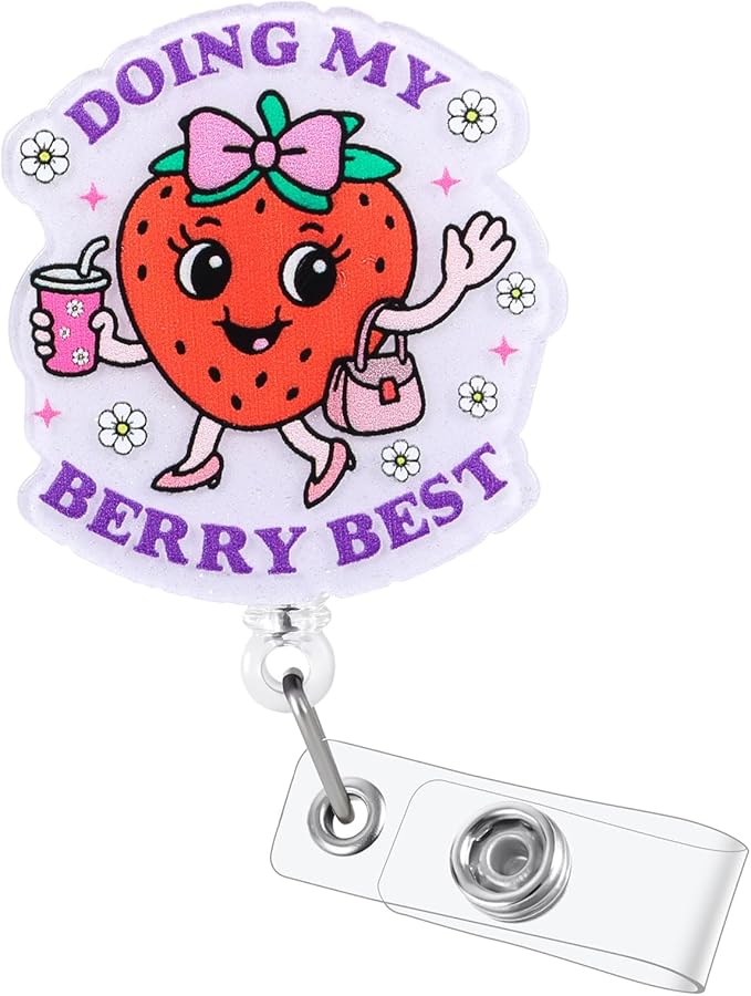 Doing My Berry Best Cute Strawberry Badge Reel, Retractable ID Card Badge Holders, Healthcare Worker Badge Clip for RN MA Pediatric Nurse Doctor Nursing Student Ambulatory Care PT OT Therapists HR
