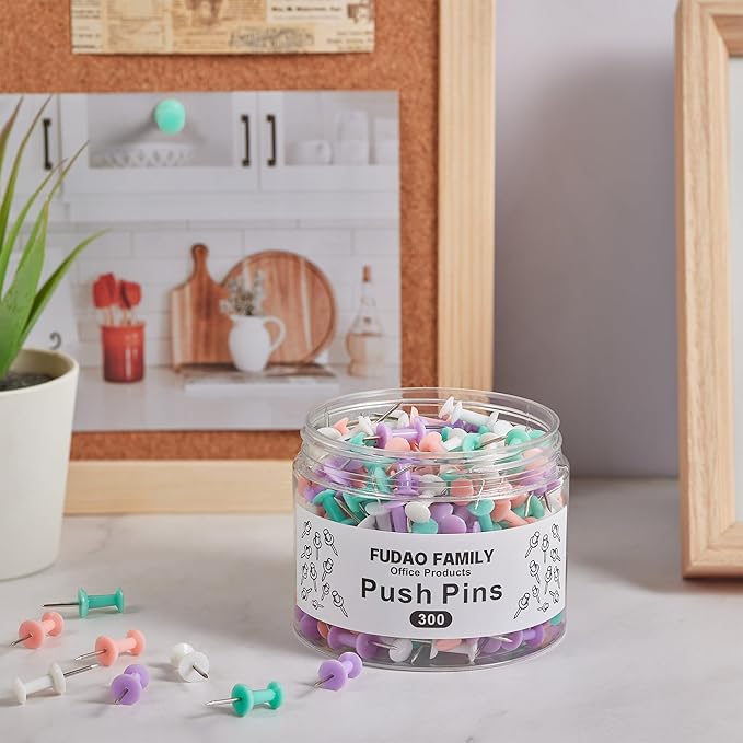 FUDAO FAMILY 300pcs Push Pins for Bulletin Board, Thumb Tacks for Wall Corkboard, Map Pins - Home Office School Craft Projects Plastic Head Steel Push Pin (Multi Color)