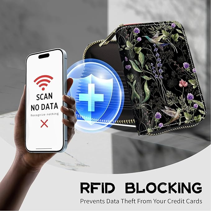 BWEGRHE Cute Credit Card Holder with Zipper, Wild Flower Hummingbird RFID-Blocking Card Case Small Wallet for Women Men, Multi-slot Card Organizer Case Travel Accordion Wallet