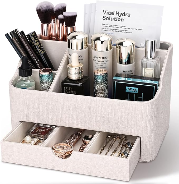 KINGFOM PU Leather Desk Organizer with Drawer, 5 Compartments Desktop Storage Caddy for Office & Home Supplies, Pen Holder for Remote Control, Phone & Accessories, Mail Organizer Countertop(Beige)