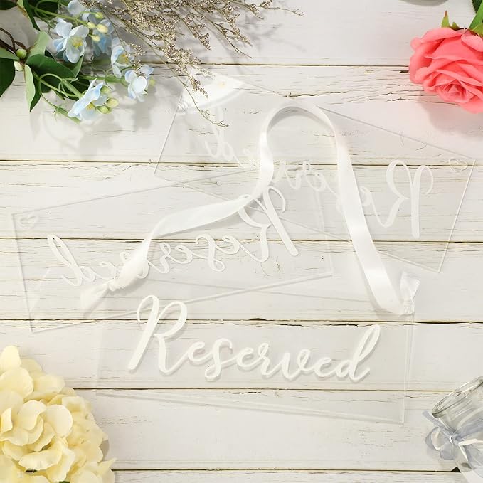 Yookeer 6 Pieces Reserved Signs for Wedding Chairs with a Roll of Ribbon Acrylic Reserved Table Signs for Wedding Important Events Church Pews Chair and Restaurant(White)