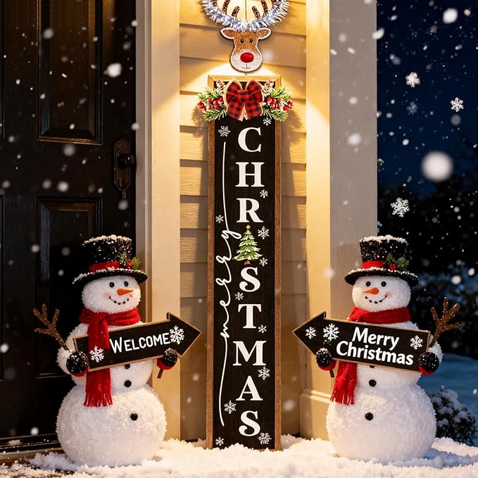 Double-sided Merry Christmas Wooden Sign Stand with Magnetic-adhesive Wreath for Front Door, 47" Farmhouse Vertical Snowman Welcome Porch Sign, 2in1 Tall Xmas Porch Leaner Decor