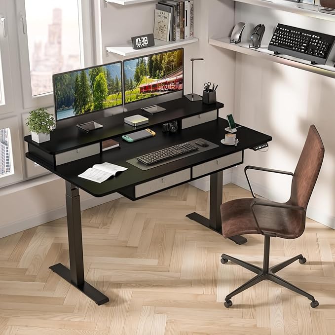 Kingant 55 x 30 Inch Electric Standing Desk with 4 Drawers, Adjustable Height Computer Desk for Home Office, Large Workstation Sit Stand Up Desk with Built-in USB A/C Charging Ports, Black