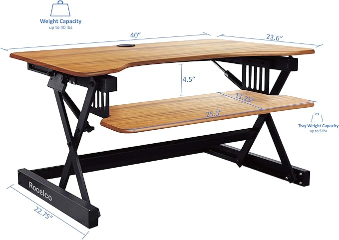 Rocelco 40" Large Height Adjustable Standing Desk Converter with Dual Monitor Mount BUNDLE - Sit Stand Up Computer Workstation Riser - Retractable Keyboard Tray - Teak Wood Grain (R DADRT-40-DM2)