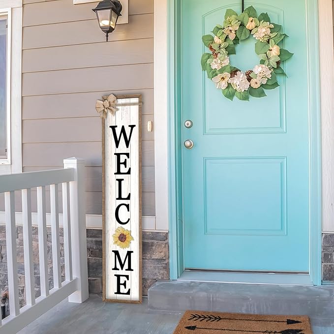 LuZhiQiang Front Porch Welcome Sign for Interchangeable Standing 45"X9" With 12 Pcs Replaceable Icons Wood Frame Signs Outdoor Front Door Decor (Wood White)