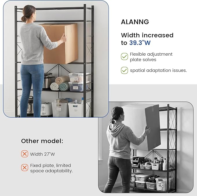 ALANNG 40" W Foldable 5-Tier Storage Shelves with Wheels, Adjustable & Removable Metal Rack, Heavy Duty Rolling Organizer for Kitchen, Garage, Closet, Pantry, and Office (Black,1 Pack)