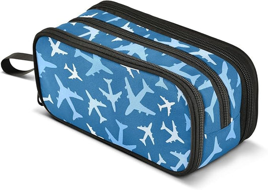 BOENLE Airplanes Blue Pencil Case Box Boys Girls Large Pencil Pouch with Zipper Compartments Big Capacity Stationery Pen Bag Organizer for Kids Teens Adults School