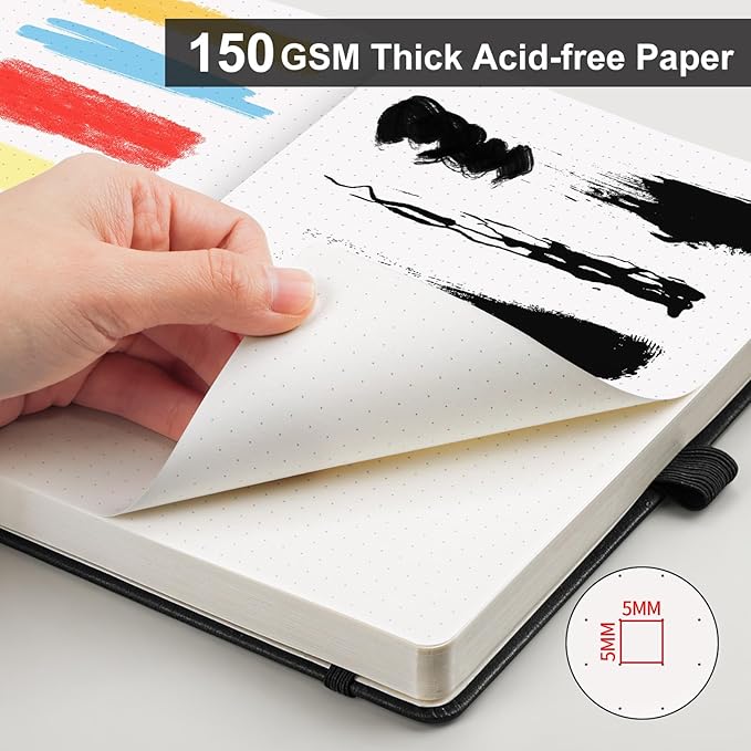 AHGXG Bullet Dotted Journal - 150 GSM Dot Grid Notebook Journal, Thick Acid-Free Paper, A5 Dotted Notebook 128 Pages, Leather Hardcover, Inner Pocket, Journal Stencil, 5.7'' × 8.3'' - Black