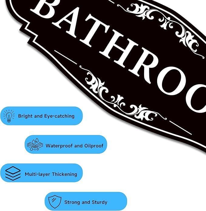 Bathroom Sign Sticker for Business and Home，Self-adhesive Cute Bathroom Decor for Door，Waterproof Vinyl Restroom Sign for Home，Office，Shop（Black）