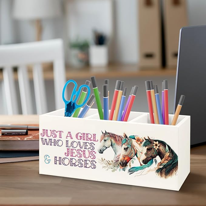 URLLUAE Horse Gifts for Girls Women Wooden Pen Pencil Holder for Office Desk Accessories, Western Cowgirl Gifts, Just a Girl Who Loves Jesus and Horse Makeup Brush Toothbrush Holder Organizer