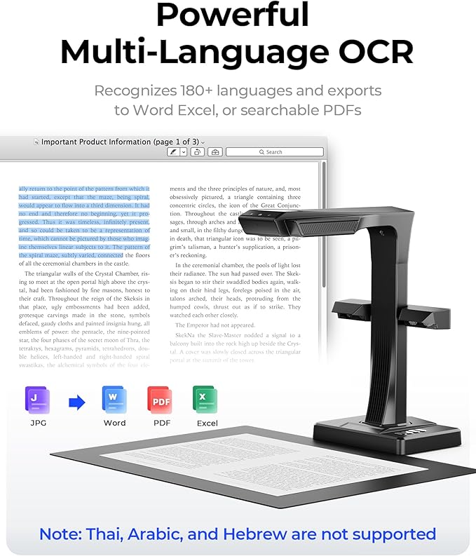 CZUR ET MAX Book Scanner, 38MP High-Resolution Overhead Document Scanner with Curve-Flattening, Auto Page Detection, OCR, HDMI Output, Compatible with Windows/Mac/Linux