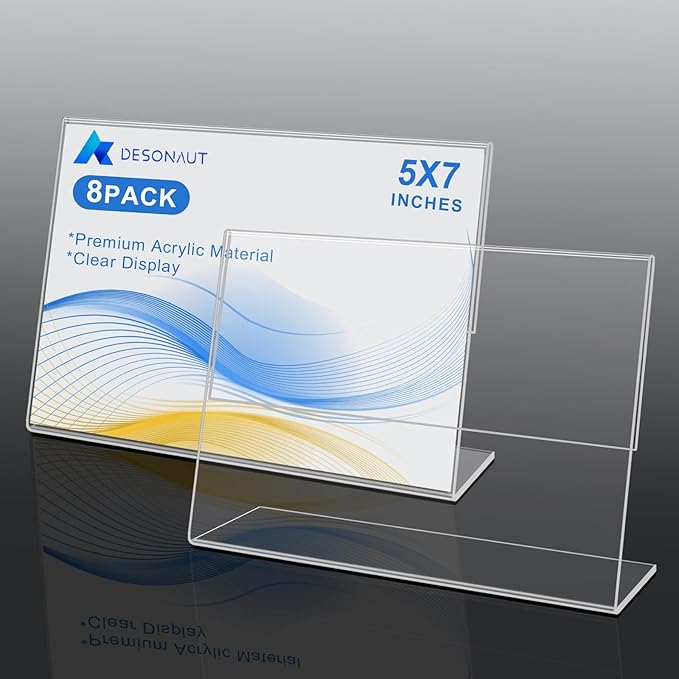 DESONAUT 8 Pack Slanted Back Acrylic Sign Holder 5x7 inches,Clear Tabletop Sign Holder,Acrylic Picture Frames Stands for Display,Plastic Flyer Menu Holder for Office,Home,Restaurant（Horizontal）